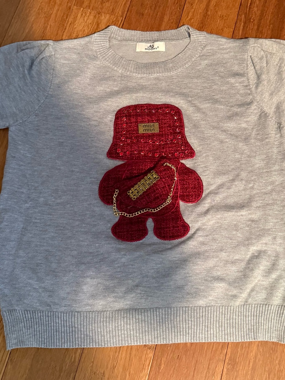 Gray Knit Sweater with Red Teddy Appliqué and Gold Chain